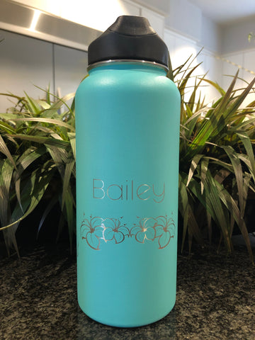 MiFlask - Personalized Water Bottle with Hibiscus Flowers and your Name