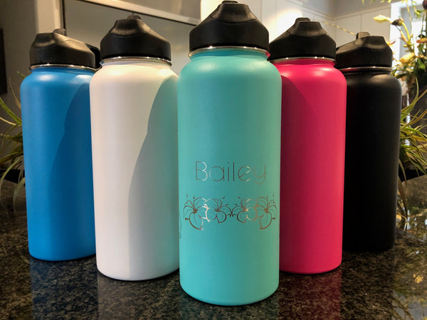MiFlask - Personalized Water Bottle with Hibiscus Flowers and your Nam